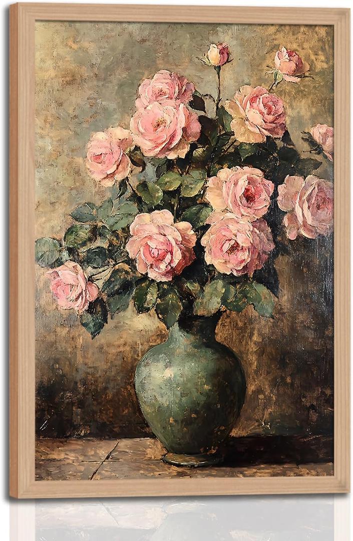 Framed Vintage vase Pink Peonies Painting, Wall Art Floral Art Print, Rustic Wall Decor, for living room and bedroom Dining room gallery Preparing to hang 16x24in