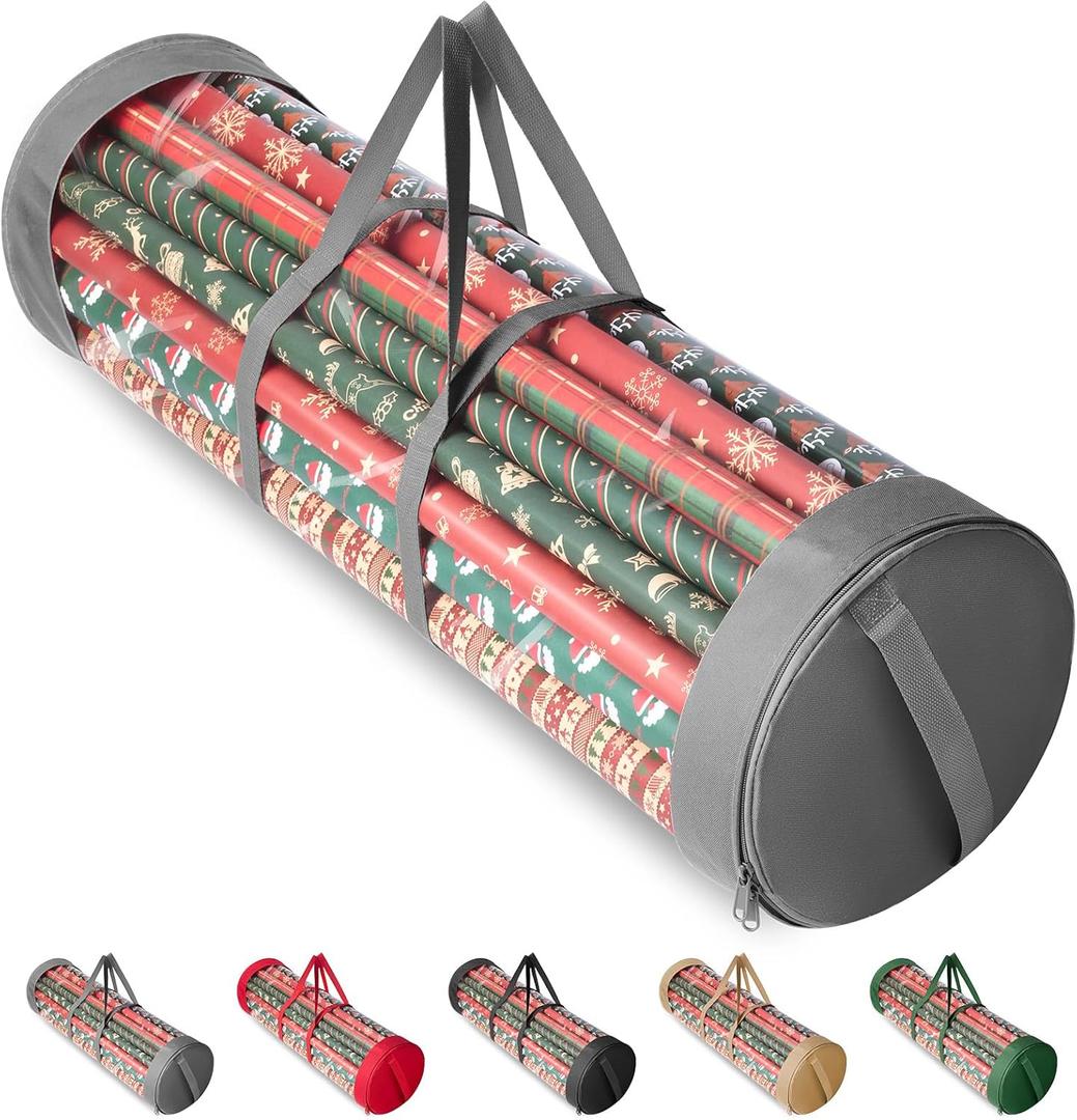 BALEINE Christmas Wrapping Paper Organizer Storage, 41" Gift Wrapping Paper Storage Containers, Clear PVC with Durable 600D Oxford Fabric Gift Wrap Paper Holder Fits 18-25 Rolls, Grey