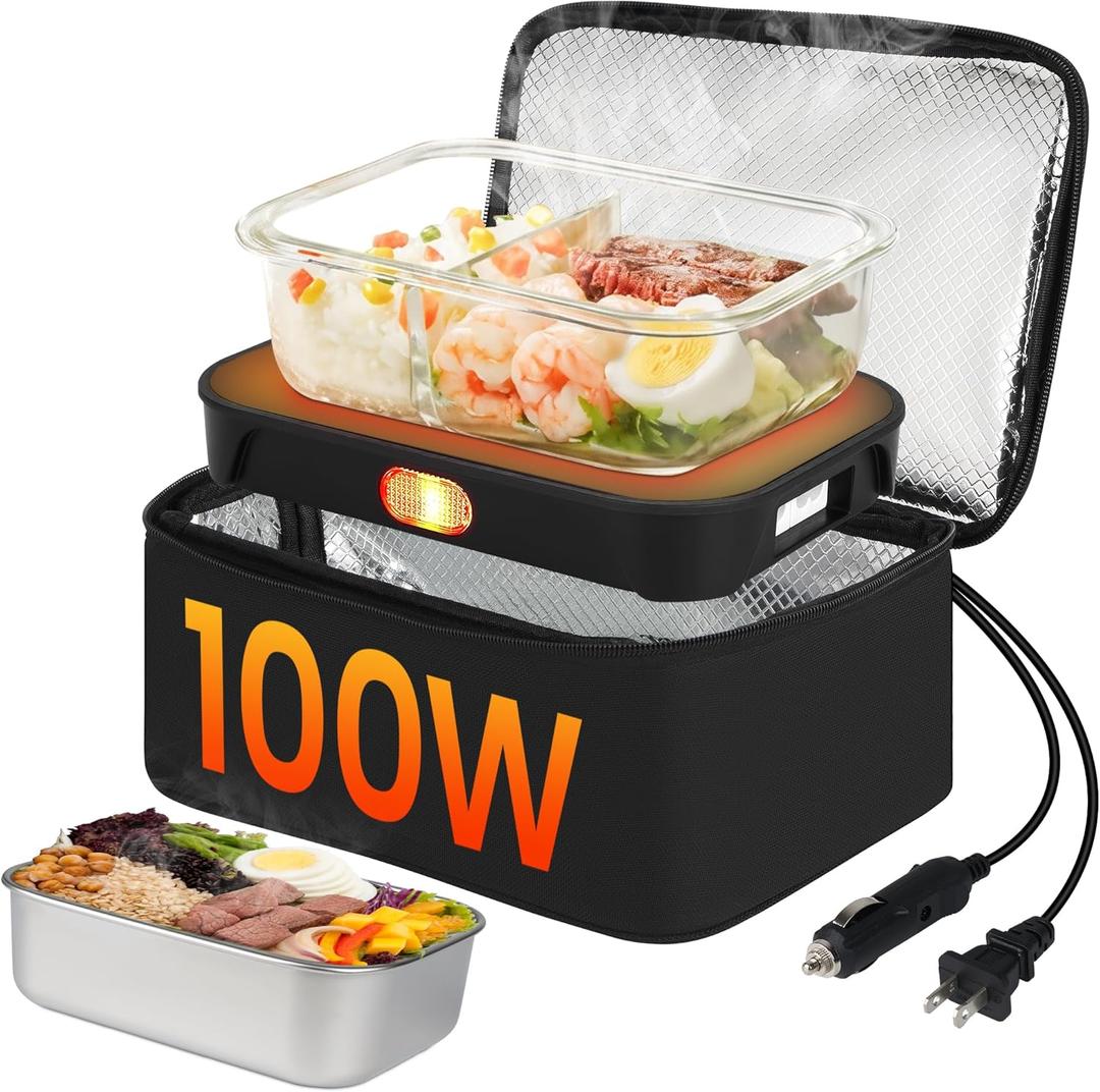 Portable Oven with 1.8L Container, 100W 12V/24V/110V 3-IN-1 Electric Lunch Box for Adults Food Warmer Heated Lunchbox with Stainless Steel Meal Container 4L Bag for Car, Truck, Office, Home,Travel