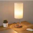 Set of 2 Smart Bedside Table Lamp with Wireless Charger & USB Port - Touch Control LED Desk Lamp for Bedroom, Dimmable Wooden Nightstand Lamp with Fabric Shade for Living Room, Kid's Room, (Cream)
