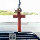 2 x Vintage Wooden Cross Rear View Mirror Accessories, Big Size Cross Car Mirror Charms Safe for Windshields, Cute Car Accessories Hanging Ornament Universal Automotive Interior Decor
