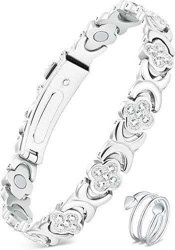 Feraco Pure Copper Bracelets & Rings for Women, Ultra Strength Magnetic Bracelet for Women with Neodymium Magnets & Sparkling Cubic Zirconia, Adjustable, Infinite Clover Jewelry, Silver
