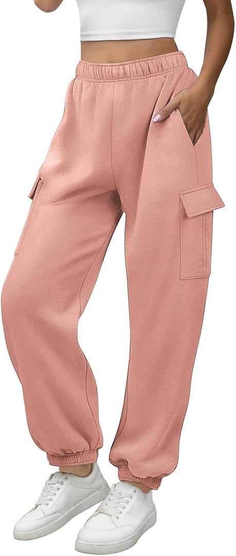 ATHMILE Womens Cargo Sweatpants Oversized Fleece Joggers Fall Fashion Outfits Y2k Clothes 2026 with Pockets (X-Large, Lightpink)