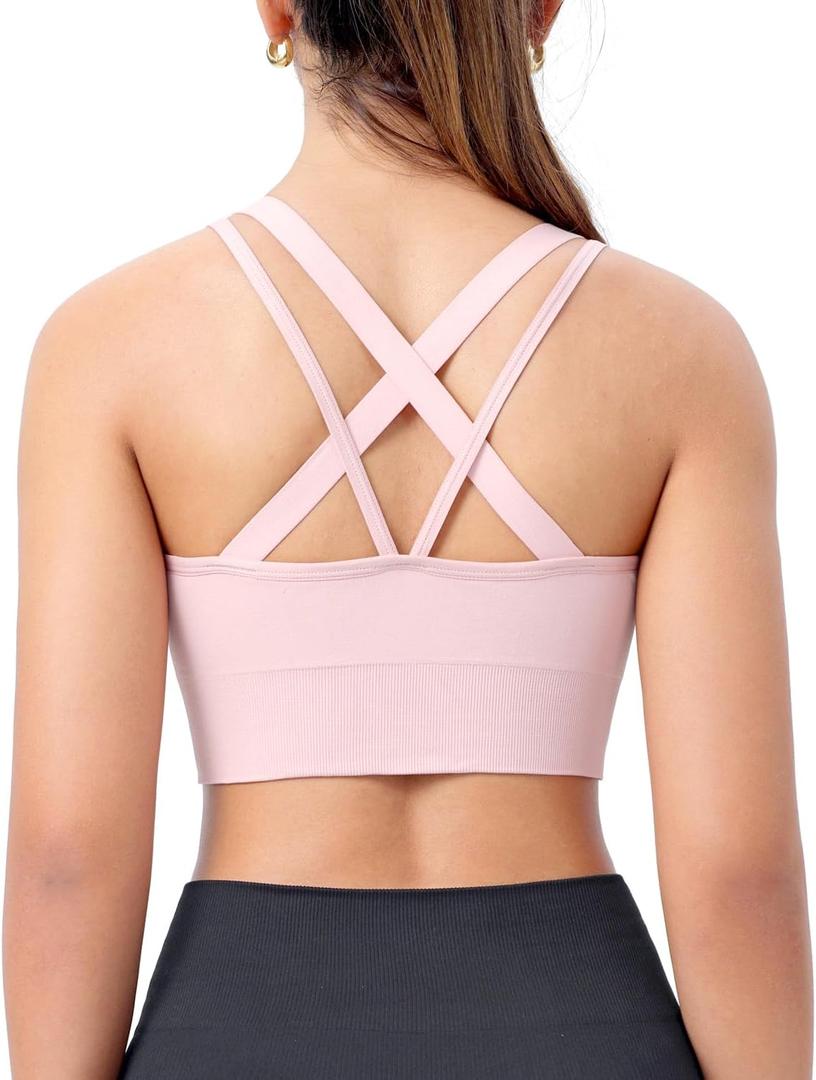 Sports Bras for Women, Criss-Cross Back, Adjustable Wire-Free Medium Support Workout Bra with Removable Cups (Large, Pink)