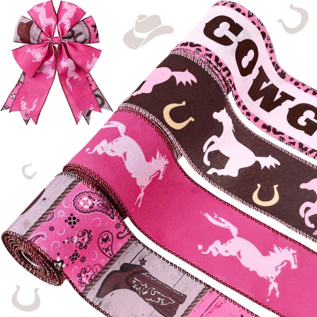 4Rolls Cowgirl Wired Edge Ribbon Pink Bandana Rodeo Horse Racing Themed Fabric Ribbon for Western Cowgirl Birthday Party for Gift Wrapping Hair Bow Making Supplies