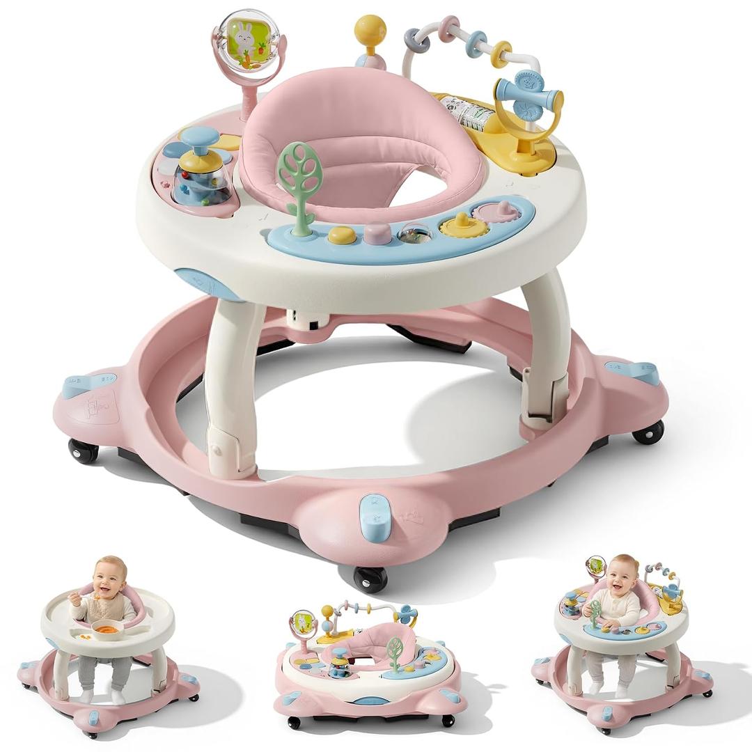 Baby Walker with Wheels, Foldable Baby Walker for Baby 6-12 Months, 3-Position Rotating Seat with Interactive Activity Center, Music Buttons, Baby Walkers for Boys Girls(Pink)