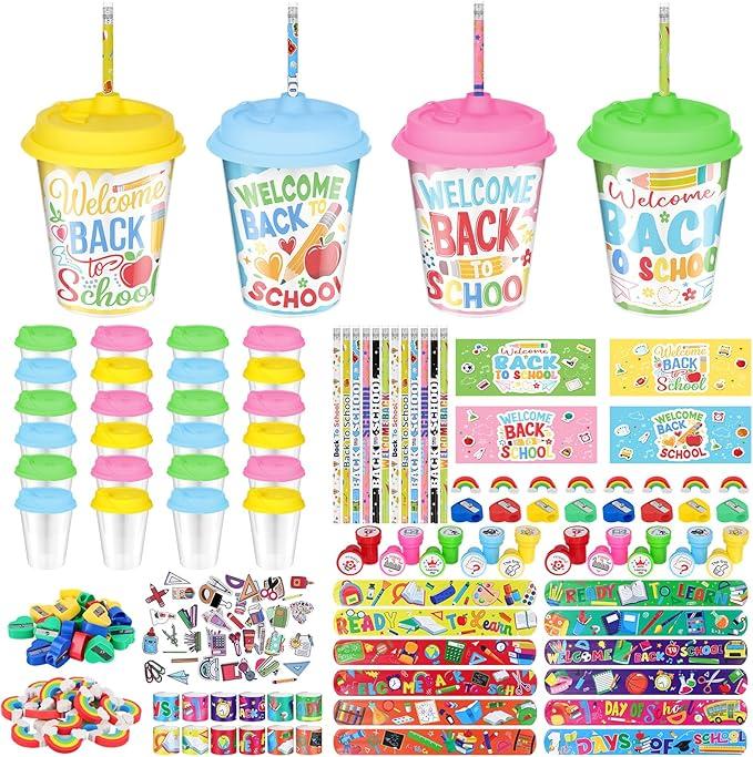 NatuBeau 24 Set Back to School Gifts for Students, First Day of School Gifts Pencil Grips Sharpeners Erasers Stickers Slap Bracelets Cups with Lids for Students Classroom Party Favors Supplies