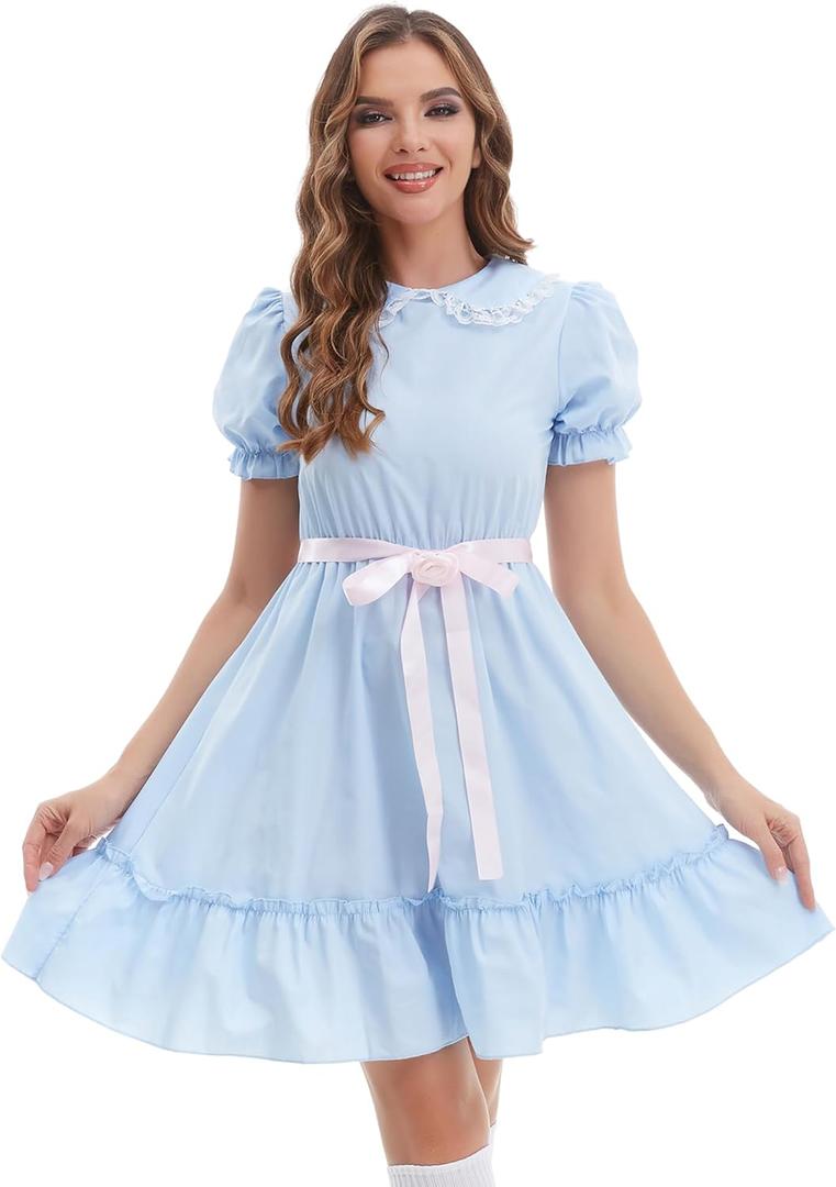 Women's Twins Costumes Halloween Puff Sleeve Lolita Zipper Mini Dress with Waist Tie (Blue)