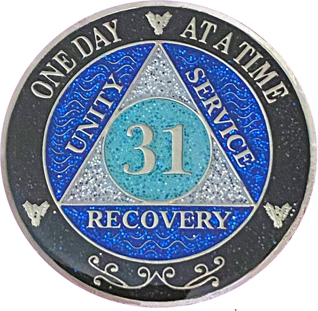 (Years 1-50) 31 Year AA Recovery Silver Color Plated Glitter Medallion, Black Rainbow, Blue, Silver Glitter Coin, Epoxy Covered (AA 31 Year Glitter Medallion) (Years 1-50) 31 Year AA Recovery Silver Color Plated Glitter Medallion, Black Rainbow, Blue, Silver Glitter Coin, Epoxy Covered (AA 31 Year Glitter Medallion)