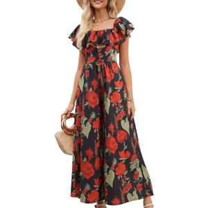 Gardenwed Women's Floral Wide Leg Jumpsuit, Ruffle Short Sleeve Square Neck Summer Casual Palazzo Romper with Pockets (Medium)