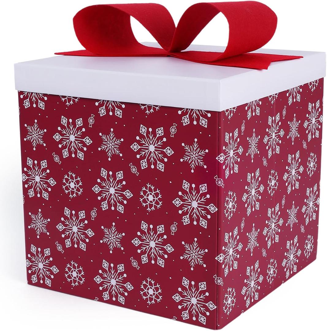 Large Christmas Gift Boxes with Lids,10x10x10 Inches Snowflake Design Folding Square Gift Boxes for Christmas Decorative,Xmas,Present,Storage,Red