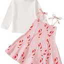 Noubeau Toddler Girls Christmas Outfits Turtleneck Sweater Ribbed Jumper Top Santa Candy Print Suspender Skirt Winter Clothes 2-3 Y