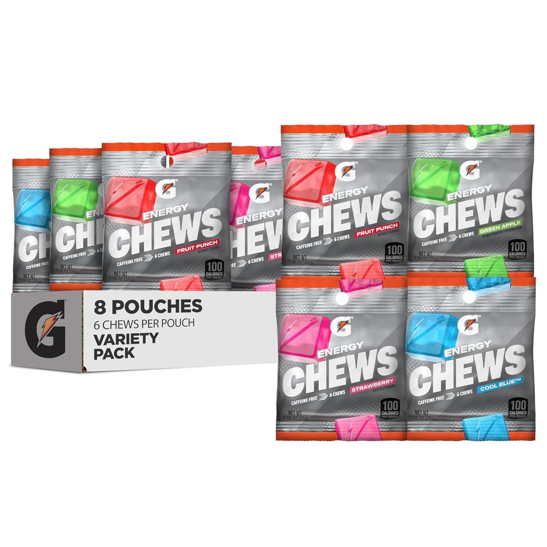 Gatorade Energy Chews, 4 Flavor Variety Pack, Caffeine Free, B12, 1.06 oz - 100 Calorie Pouches, (8 Pack) (EXP 10/13/26)