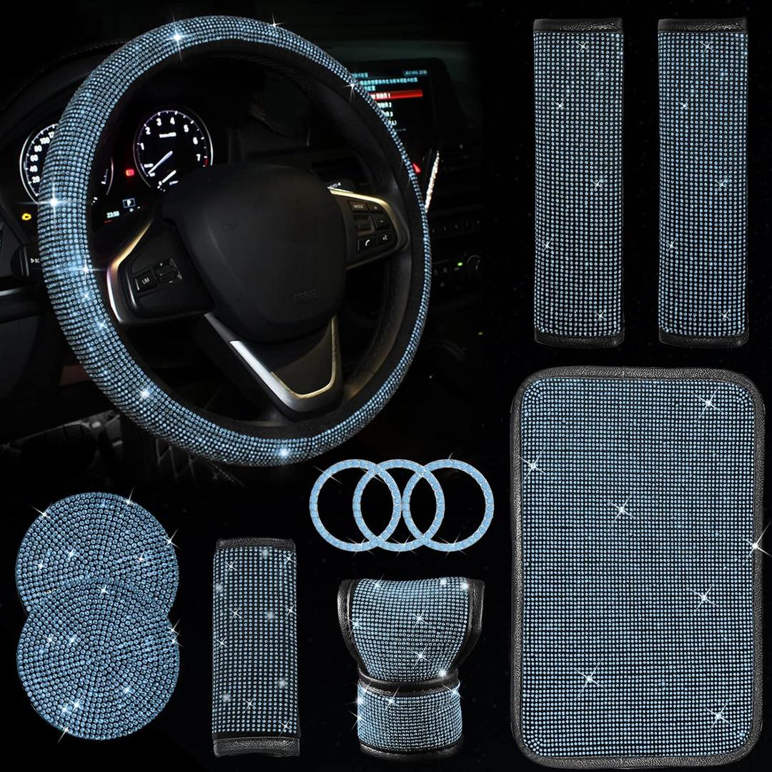 11 Pcs Bling Car Accessories Set,Bling Car Accessories Set for Women,Steering Wheel Cover for Women Universal Fit 15 Inch,Rhinestone Center Console Cover(Cyan)