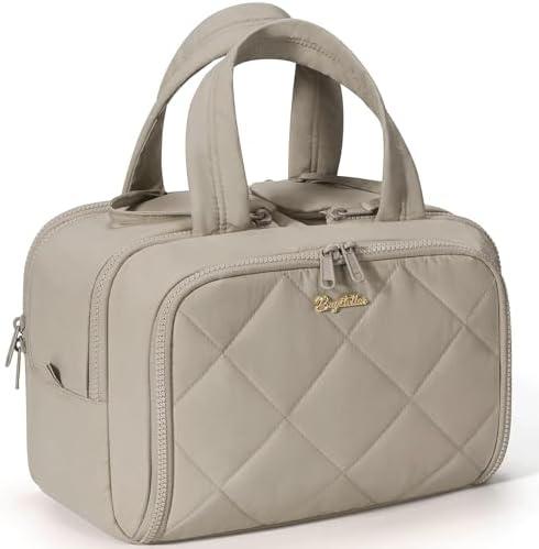 Travel Toiletry Bag, Large Wide-open Puffy Toiletry Bag for Women, Lightweight Quilted Makeup Bag Cosmetic Organizer with Handle Water-resistant Travel Essentials for Toiletries Accessories Oatmeal