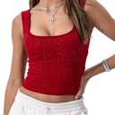 Danysu Women Cotton Rib Tank Top with Built in Bra Square Neck Crop Tank Fitted Basic Tops Diamond Red M