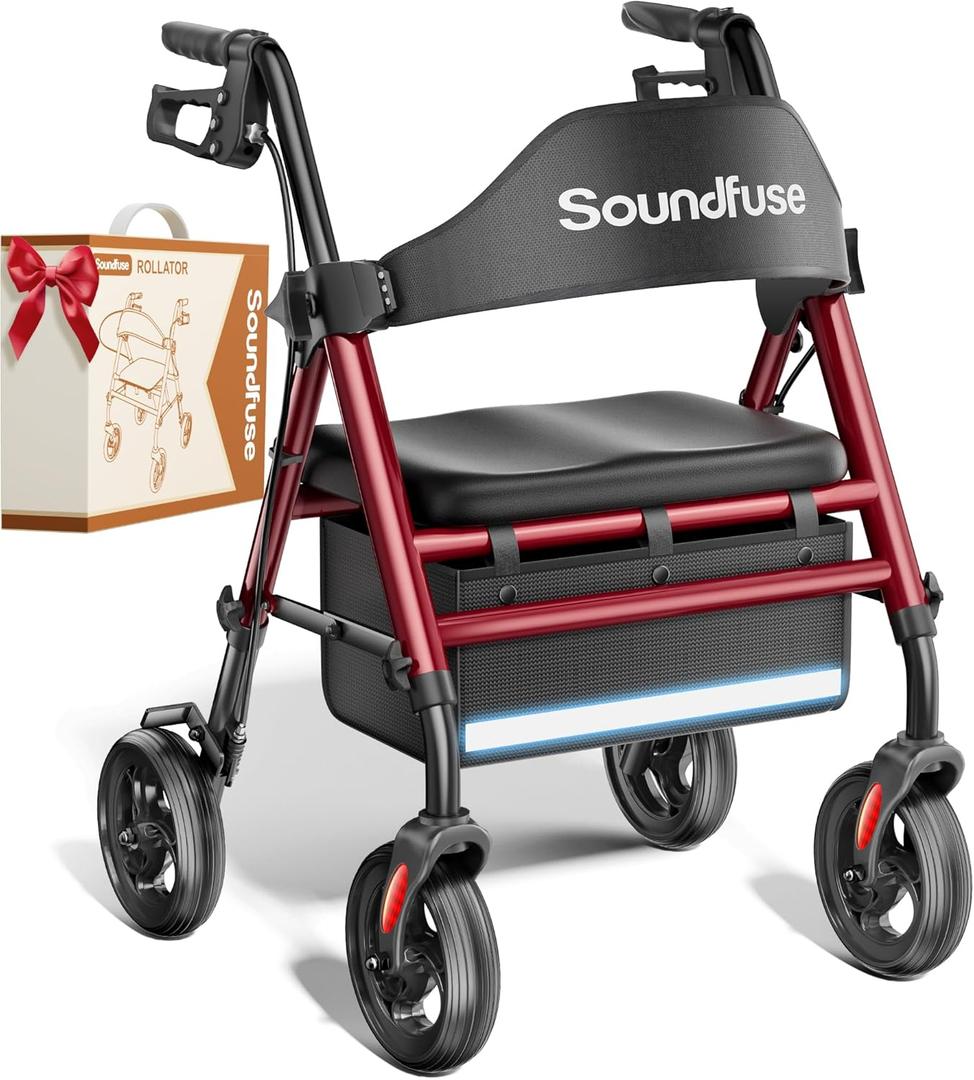 SOUNDFUSE Walkers for Seniors, Rollator Walker with Seat, 8" All Terrain Wheels, Double Support Bar, 16" Ergonomic Arc Seat and Comfortable Backrest, Dual Height Adjustable and Foldable Design (Burgundy)