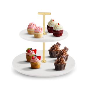 Supabon 2 Tiered White Marble Tray with Gold Metal Stand - Serving Tray for Desserts, Pastries, Cupcakes, Countertop Decor Display Stand, Detachable White Marble Plates with Gold Metal Handle