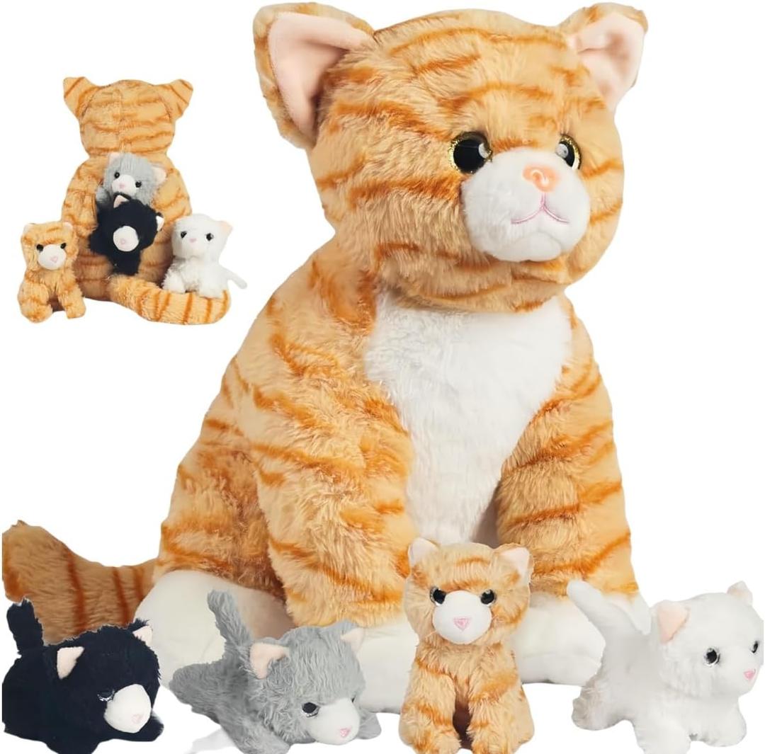 5 Pcs Cat Stuffed Animal with Babies Inside Belly, 1 Mommy Stuffed Cat Plush Toy with 4 Kittens Stuffed Animal Set for Kids Girls Boys Birthday Christmas Halloween Plush Gifts