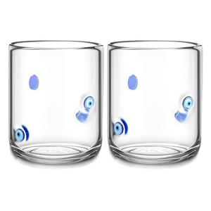 Skylety 2 Set Evil Eye Icon Juice Glass Cups - Icon Glass Cup 14 oz Double Old Fashioned Cute Pattern Glassware for Tea, Water, Milk, Coffee, Halloween Parties Gifts