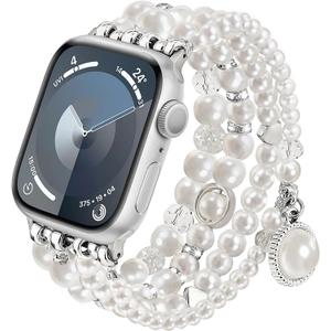 V-MORO Compatible with Apple Watch Band Pearl Series 10(42mm)/9/8/7 41mm/40mm Women Fancy Beaded Elastic Bracelet Bling Jewelry Strap for iwatch SE Series 6/5/4/3/2/1 Pure White,for 5.5"-6.2" Wrist (M-38mm/40mm/41mm/42mm(series 10), Pearl White)