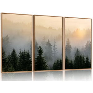 FWIEXA Misty Forest Wall Art Set Framed, Large Mountains Canvas Wall Decor, Green Nature Wall Painting, Foggy Tree Landscape Artwork 3 Panel 24x36 Inches for Living Room, Bedroom, Office, Gift