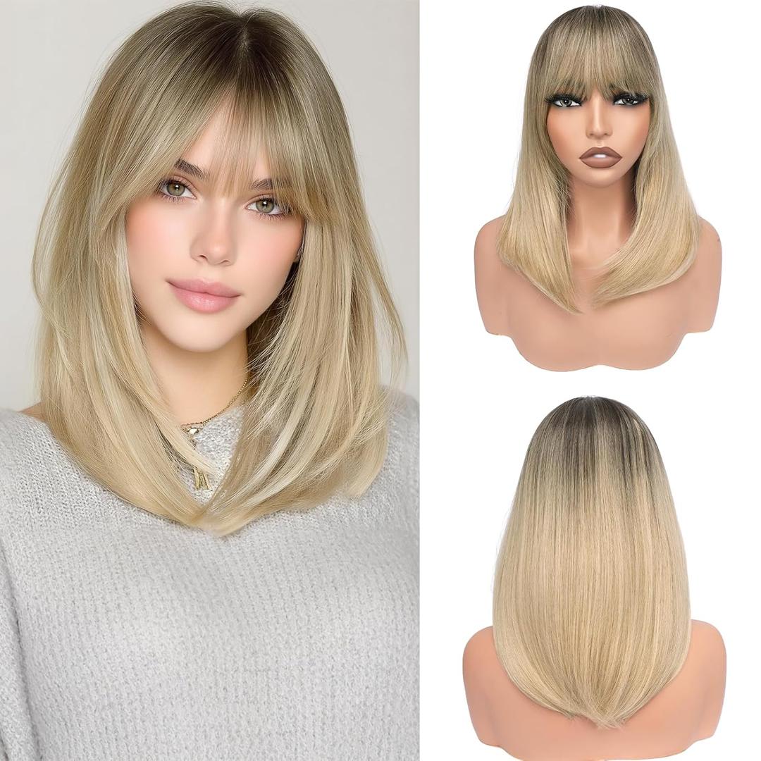 Haloo Blonde Bob Wigs with Bangs Shoulder Length Straight Natural Looking Synthetic Heat Resistant Medium Hair Wigs for Women Daily Party, 16 Inch Ombre Blonde