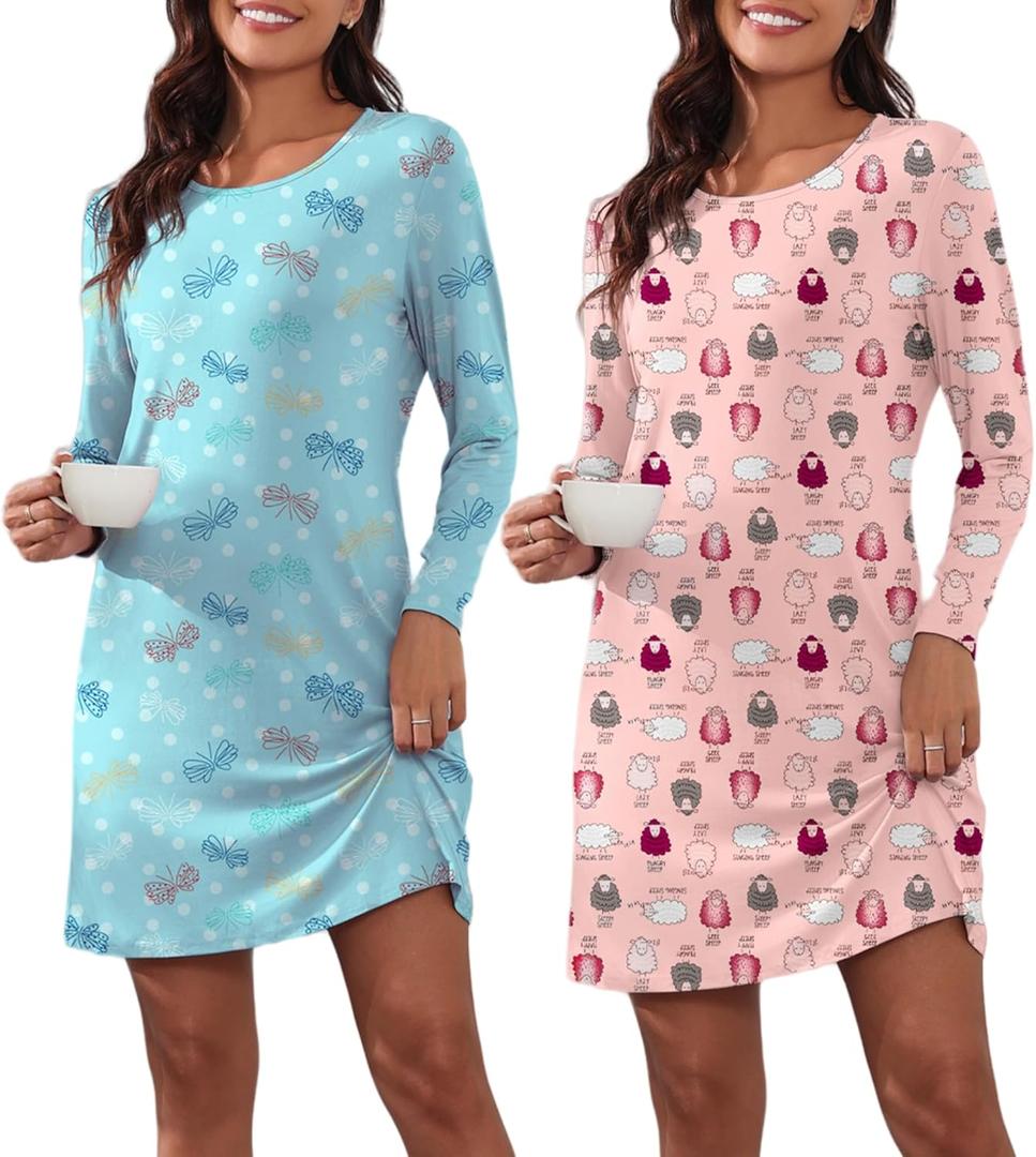 Ekouaer 2 Pack Nightgowns for Women Long Sleeve Night Gowns Women Night shirt Pj Dress Nightshirts Sleepwear (XXL)