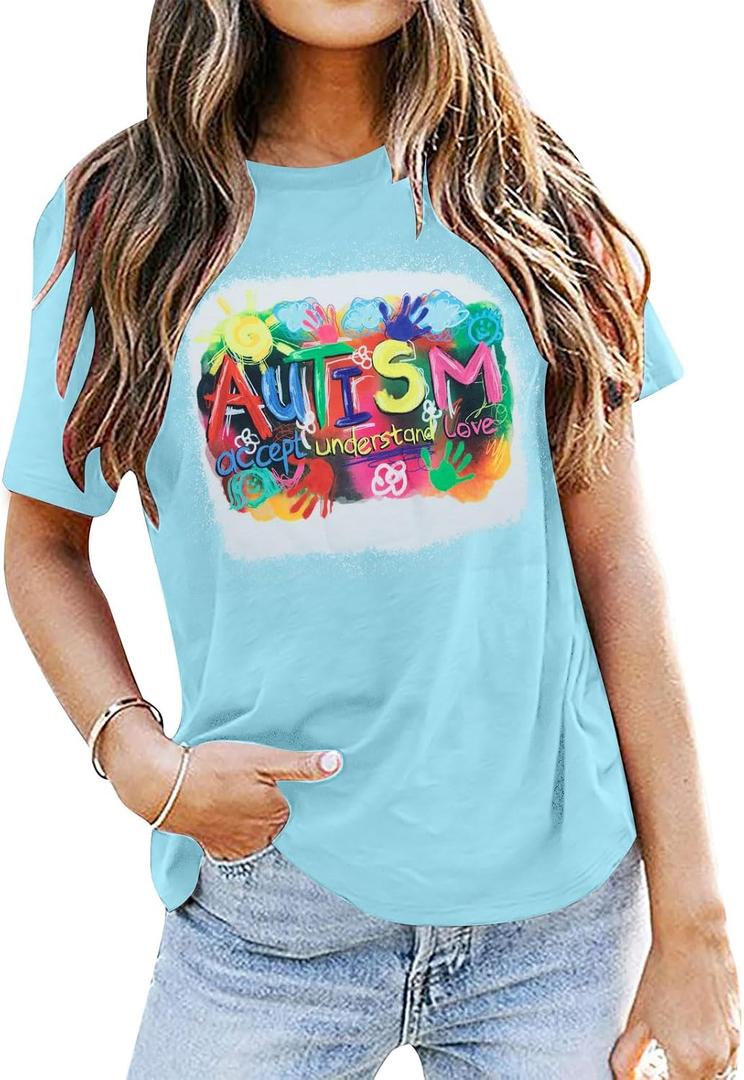 Autism Awareness Shirt Women Autism Accept Understand Love Shirts Special Education Teacher Short Sleeve Cute Tee Tops (M)