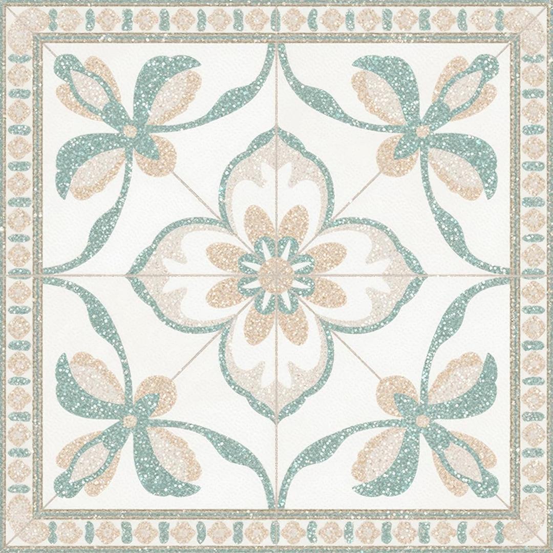 HOMETITUTE 10PCS 12x12 Inch Cream and Mint Green Ornate Floral Center Design Floor Tiles Peel and Stick Removable Self Adhesive DIY Vinyl Flooring Stickers for Kitchen Bathroom Living Room Home Decor