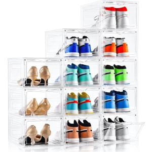 Clemate Upgraded X-Large Shoe Organizer,Shoe Storage Organizer,12 Pack,Shoe Box Clear Plastic Stackable,Drop Front Shoe Box with Clear Door, Shoe Containers For Sneaker Display,Fit up to US Size12
