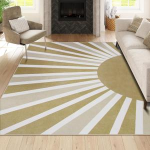 Lahome Area Rugs 9'x12' - Non-Slip Washable Living Room Rug 9x12 Ultra-Thin Large Soft Bedroom Rugs, Boho Rainbow Sun Print Indoor Non-Shedding Floor Rug for Dining Room Table Office (9'x12', Khaki)