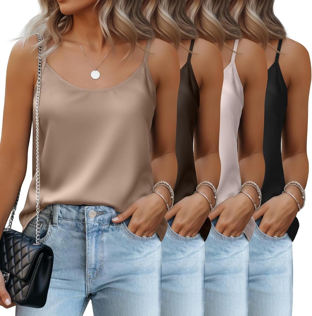 2 Pack Women's Silk Satin Tank Tops Camisole Sleeveless Spaghetti Adjustable Straps Vest Crewneck Cami Blouse (XL, Coffee, Khaki)