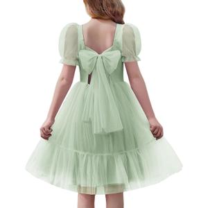 Arshiner Girls Dresses Tulle Bow Tie Back Puff Sleeve Party Holiday Spring Summer Dress (Green, L)