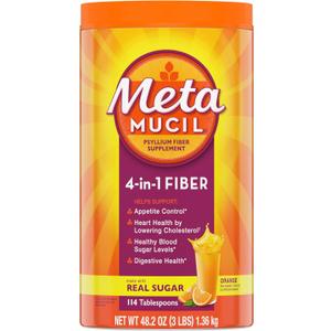 Metamucil 4-in-1 Psyllium Husk GLP-1 Friendly Fiber Supplement, Real Sugar, 114 tablespoons, Orange Flavored, Daily Fiber Powder for Digestive Health, made with Plant-Based Psyllium Husk Fiber