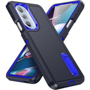 for Moto Edge Plus 2022 Case Moto Edge 30 Pro Case with Kickstand 3-Layer Military Grade Protective Cover Silicone Shockproof for Motorola Moto Edge Plus+ 2022 Phone Case (Navy+Blue)