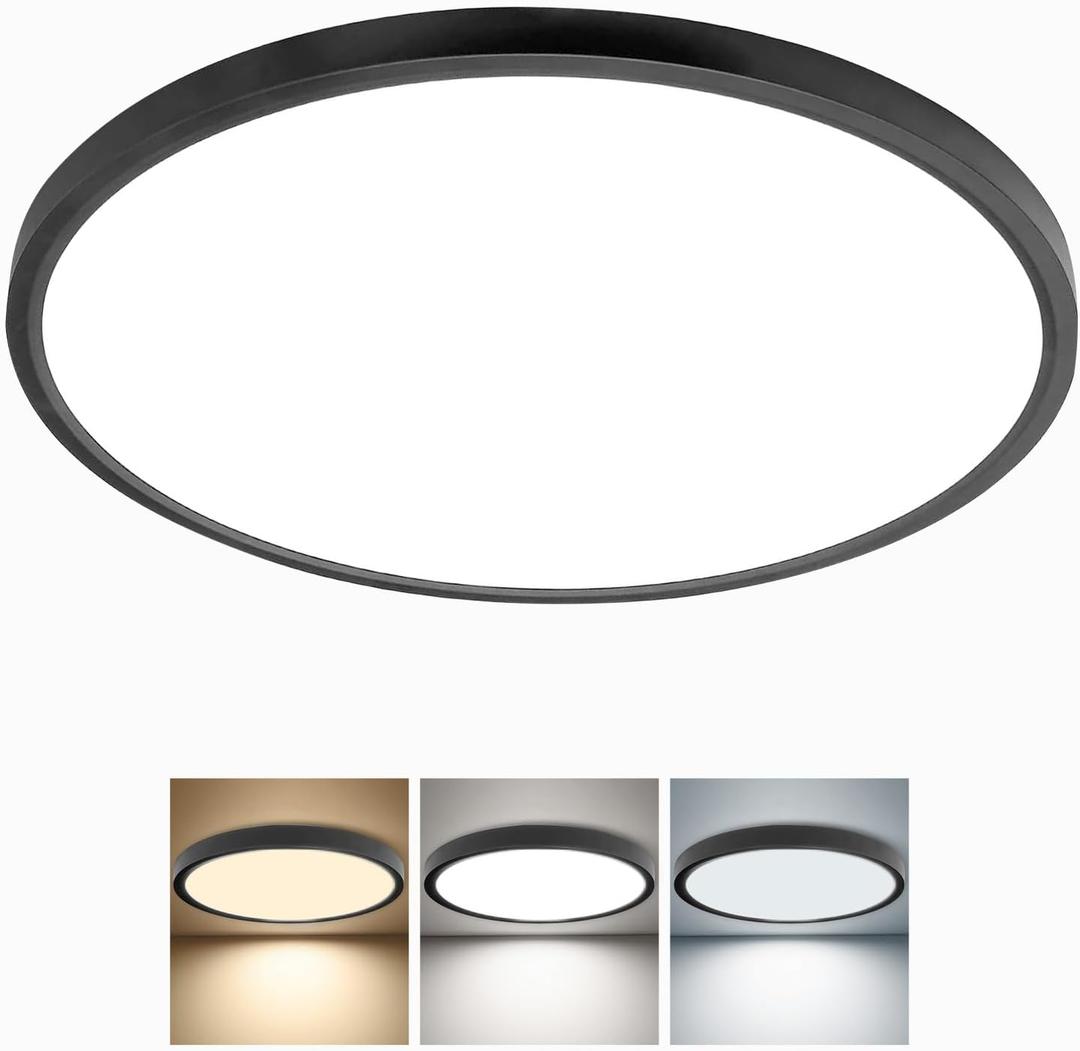 24 Inch Large LED Flush Mount Ceiling Light, 50W, 5480LM, 3000K/4000K/6000K CCT Selectable,Super Slim Low Profile Round Flat Panel Light for Bedroom,Kitchen,Hallway (Black 1PK), NoRemote-24inch-1PK