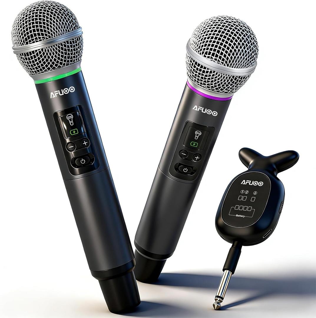 Wireless Microphone, All-Metal Wireless Microphones with RGB Light, Volume Control, 24H Rechargeable Battery, 200ft Range, Bluetooth Receiver with Wireless Mic for Karaoke, Singing, Speech