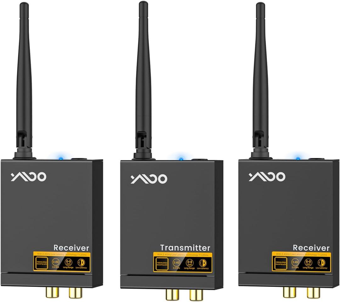 YMOO 3 in 1 2.4Ghz Wireless Audio Transmitter and Receiver,2 Receivers for Two Speakers,20ms Ultra Low Latency,192kHz/24bit HiFi,320ft Range RCA Jack Wireless Adapter for TV/Speaker/PC/Home Stereo