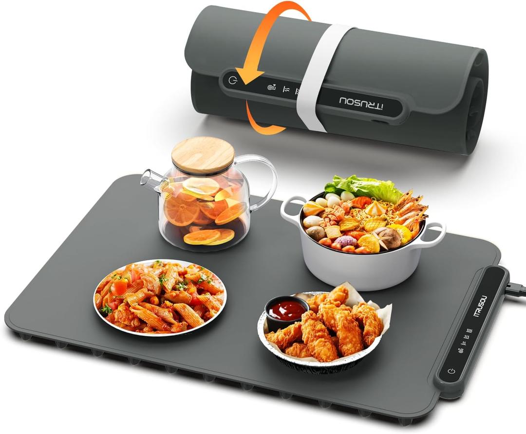 Food Warming Mat, iTRUSOU Electric Warming Tray Full Surface Heating to Keep Food Warm or Thawing, Versatile Food Warmer with 3 Temperature Setting for Parties Buffets Gatherings Holidays Daily Use (18.5*12.8inch-110V, Dark Gray)