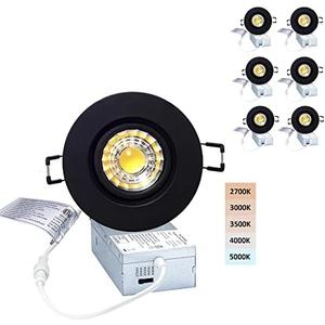 POPANU Canless Recessed Gimbal Downlight Rotatable-Spotlight 5 CCT 3 Inch Eyeball Ceiling Pot light, Dimmable Recessed Lights Fixture with Junction Box, 8W CCT Adjustable, Black Round Trim, 6 Pack