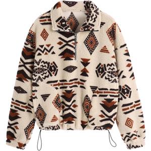 ZAFUL Women's Fashion Long Sleeve Lapel Half Zip Plain Faux Fur Sweatshirt Solid Color Crop Pullover Tops, Size Small (3-Light Coffee)