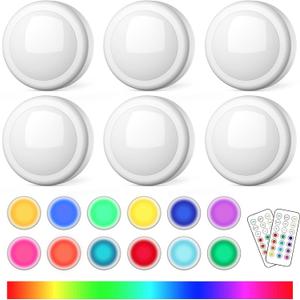 Puck Lights with Remote Control, Battery Operated LED Push Light Wireless, 13 Color RGB - for Closet, Bedroom Wall, Under Cabinet, Battery Powered Puck Lights. Convenient 3M Stick On, 6 Pack (White)