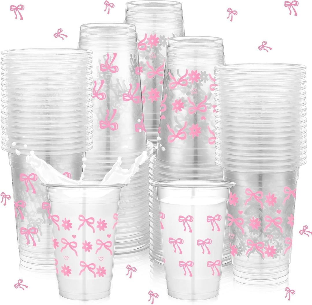 Havawish 100 Pcs Pink Bow Plastic Cups Bowknot Daisy Clear Cups 16 oz Coquette Bachelorette Party Disposable Bow Theme Decorations for Birthday Bridal Shower Wedding Party Supplies