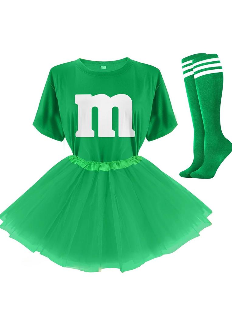 Letter M Halloween Costumes Tutu Skirts,Women Team Group T-Shirt,Candy Costume for Halloween Christmas Medium,  Green 