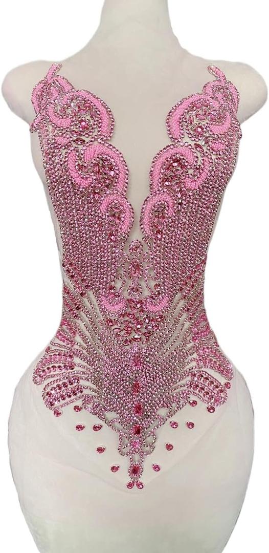 Large Bodice Applique Sequin Rhinestones Fine Appliques Handsewing Crystals and Beads for Dress Clothes Accessories 9.4X23.6inches (Pink)