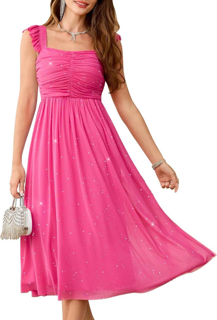 Wedtrend Sparkly Sequin Dress Ruffle Strap 80s Prom Dress Long Formal Dresses for Women (Pink, M)
