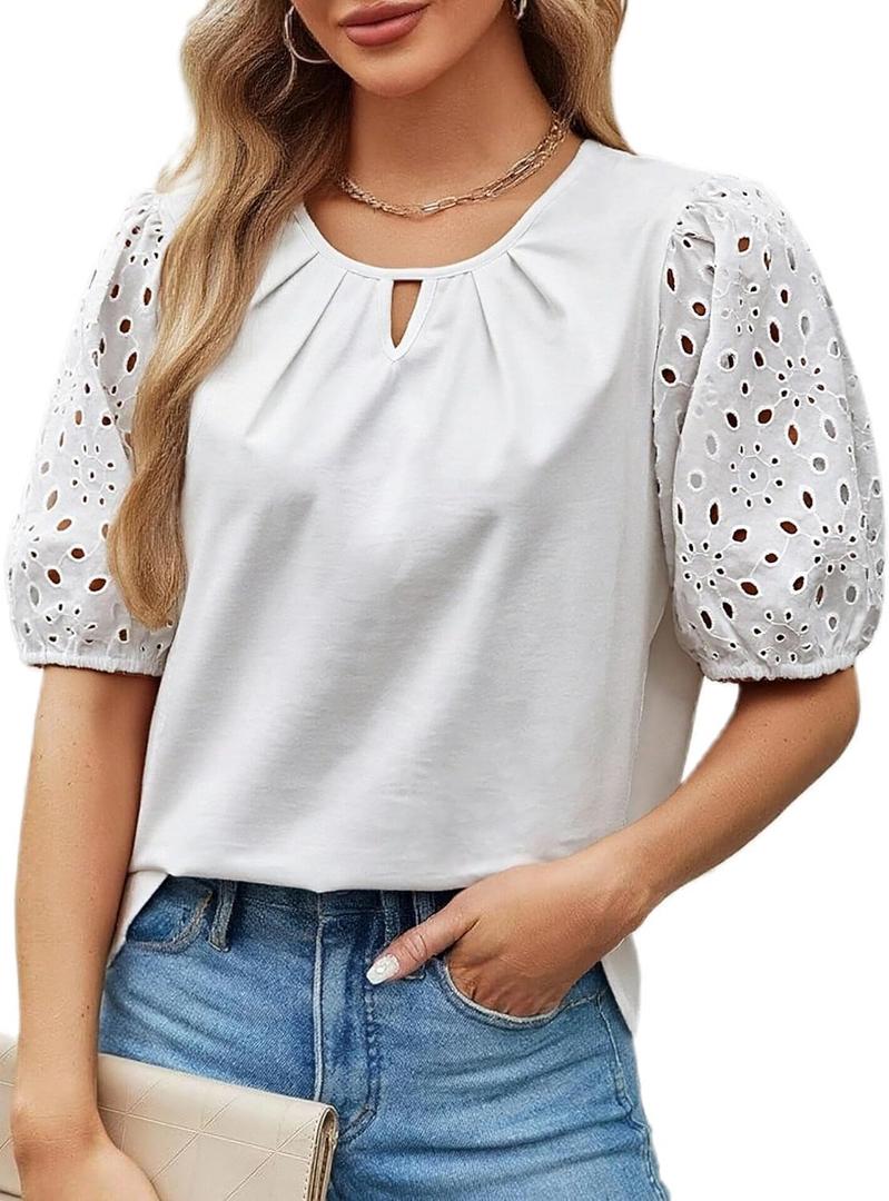SOFIA'S CHOICE Women's Puff Short Sleeve Tops Eyelet Embroidered Blouses Dressy Work Shirts White Small (White, M)