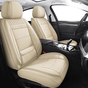 Chezope Leather Seat Covers, Beige Car Seat Covers Front Pair, Breathable Car Seat Protectors, Wear-Resistant Car Accessories, Universal Fit for Most Cars,SUVs Truck (Beige-Stripes, Front Pair)