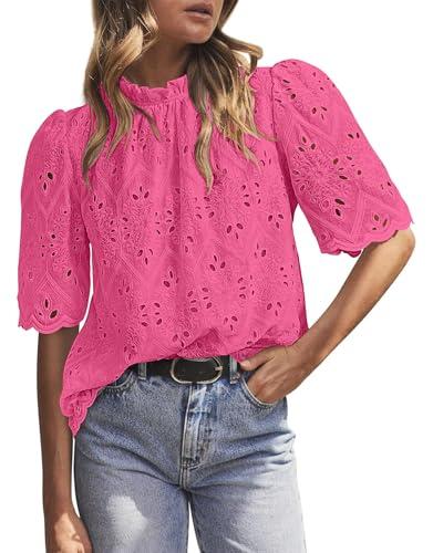 BETTE BOUTIK Womens Lace Tops 2025 Trendy Long Short Sleeve Eyelet Embroidered Dressy Casual Blouse Shirts (Medium, Royal Blue)